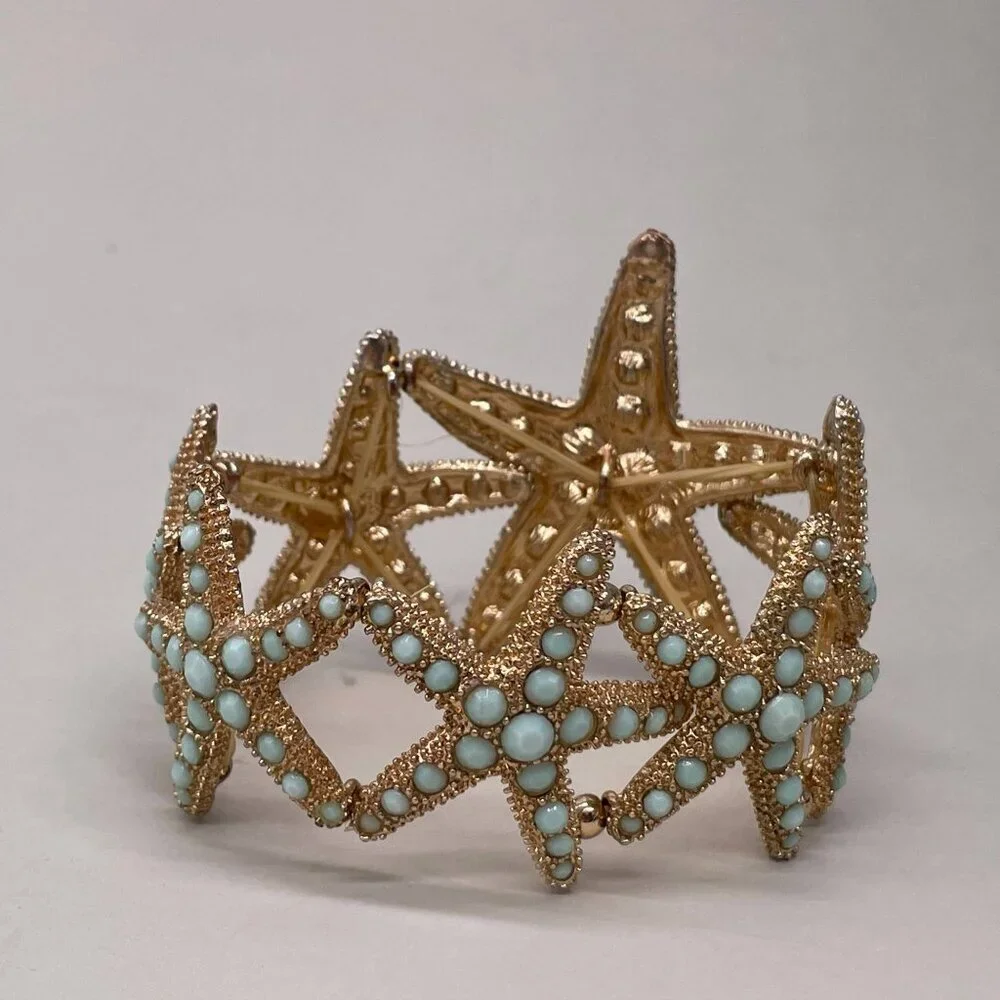 Starfish Mint Studded Stretch Bracelet Gold Tone Evening Classic Date Night